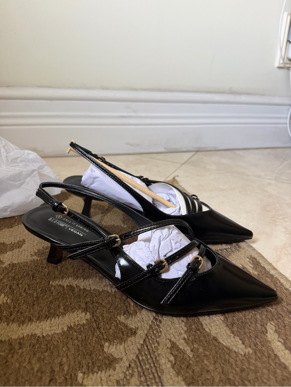 Call It Spring Black Patent Pointed Slingback Heels